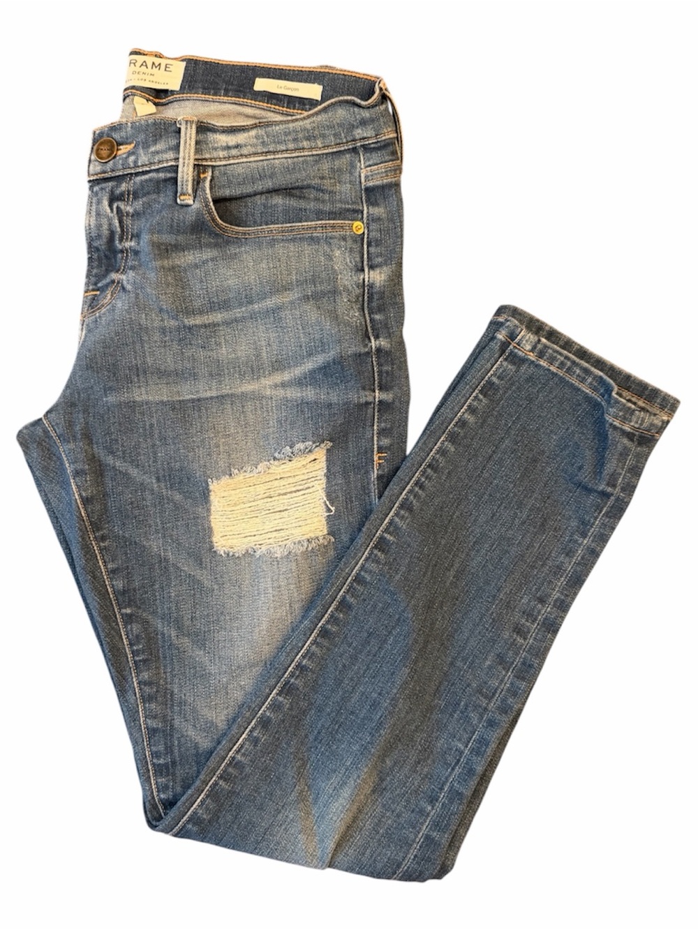 Frame Denim Le garcon Skinny Jeans in Medium Blue with Distressed size 26